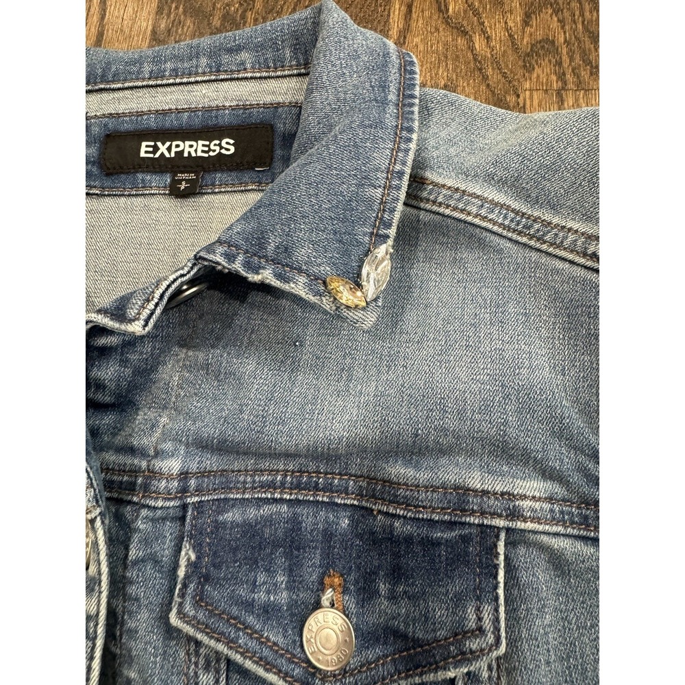 Women's Express Studded Distressed Denim Jacket Size S - Picture 3 of 12